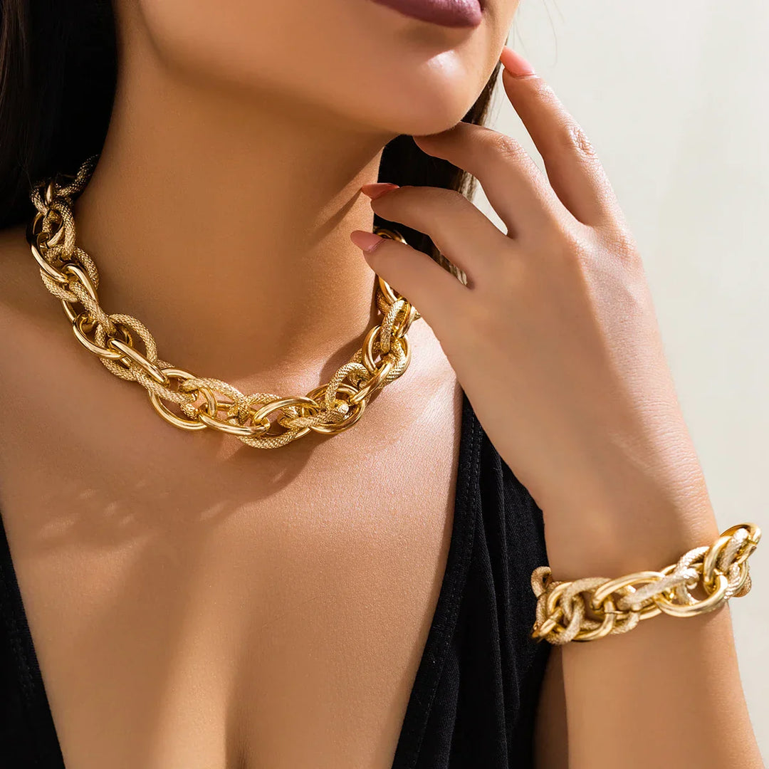 Conjunto de Pulseira e Colar de Cadeia Dupla Trançada Bold Chunky