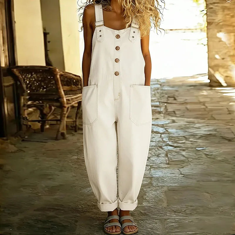 Mae | Macacão de Algodão Vintage com Aparência de Denim e Alças Ajustáveis