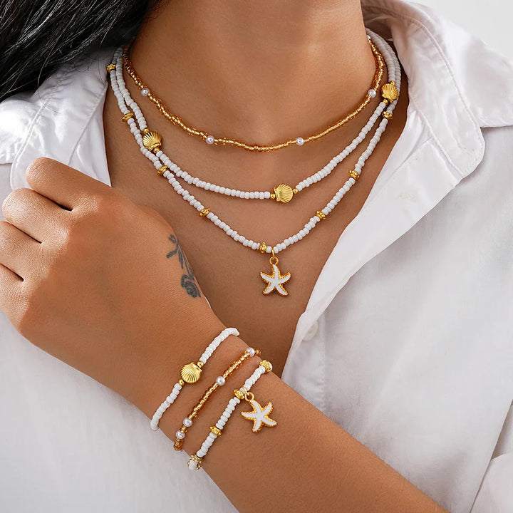 Conjunto de joias com estrelas do mar e pérolas - 6 peças