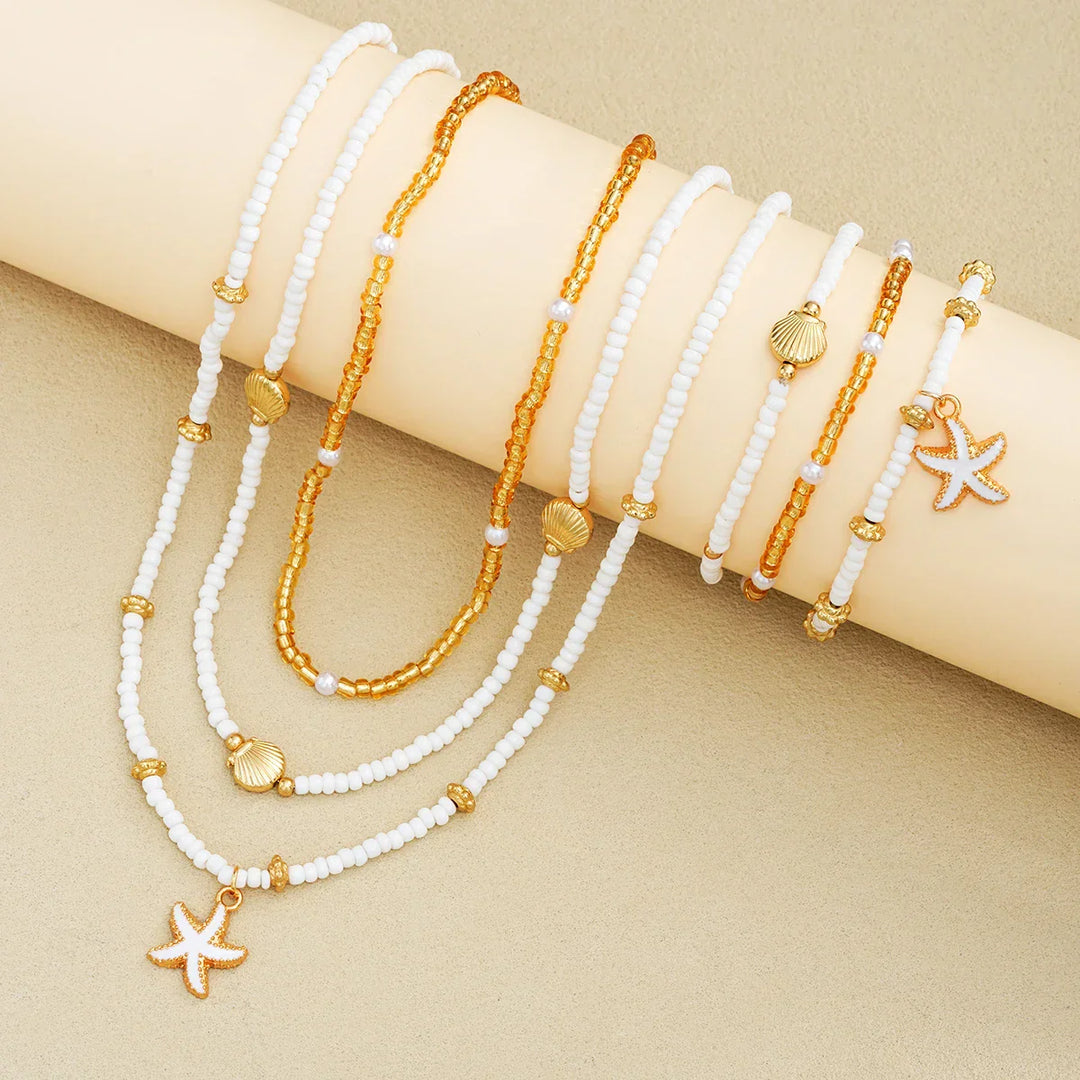 Conjunto de joias com estrelas do mar e pérolas - 6 peças