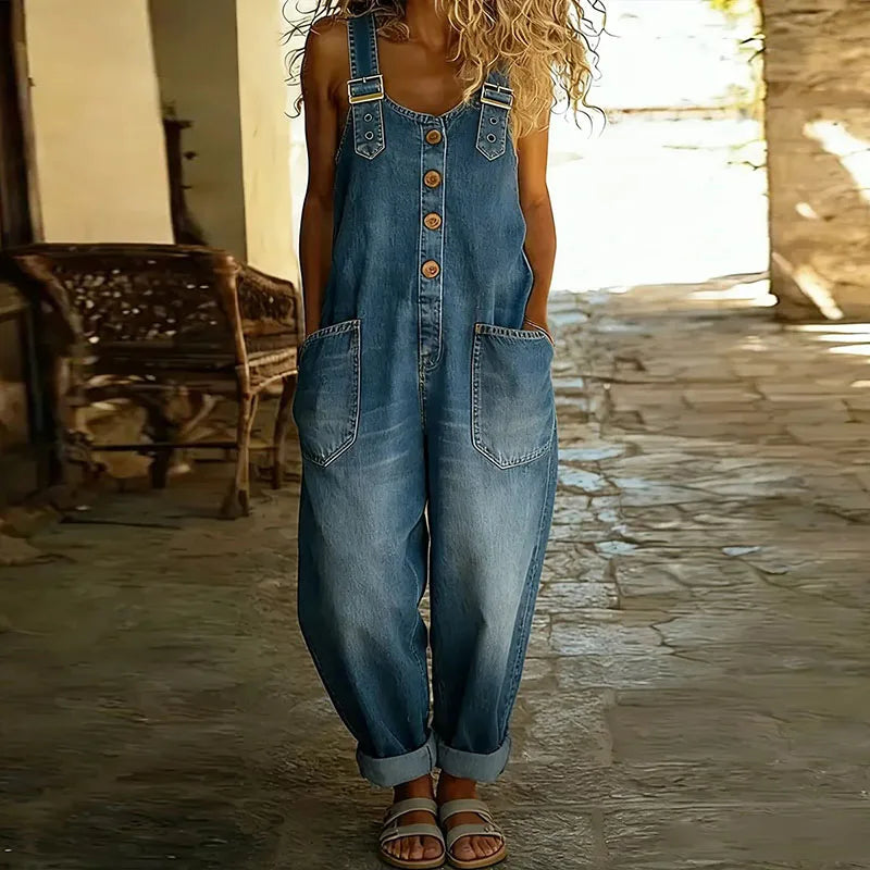Mae | Macacão de Algodão Vintage com Aparência de Denim e Alças Ajustáveis