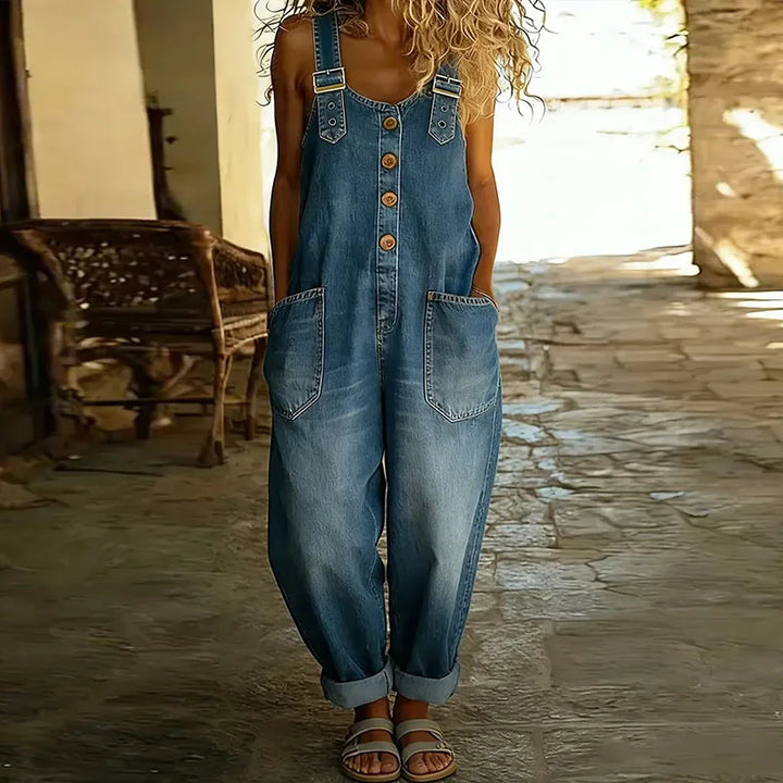 Mae | Macacão de Algodão Vintage com Aparência de Denim e Alças Ajustáveis