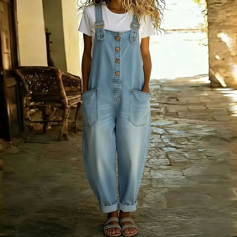 Mae | Macacão de Algodão Vintage com Aparência de Denim e Alças Ajustáveis
