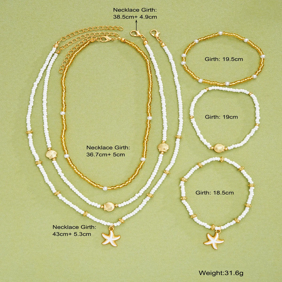 Conjunto de joias com estrelas do mar e pérolas - 6 peças