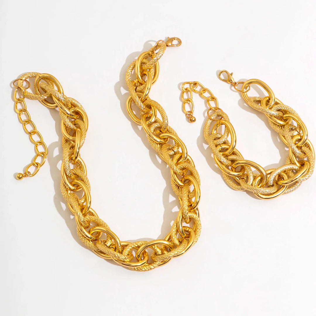 Conjunto de Pulseira e Colar de Cadeia Dupla Trançada Bold Chunky
