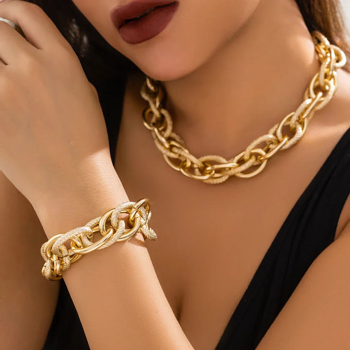 Conjunto de Pulseira e Colar de Cadeia Dupla Trançada Bold Chunky