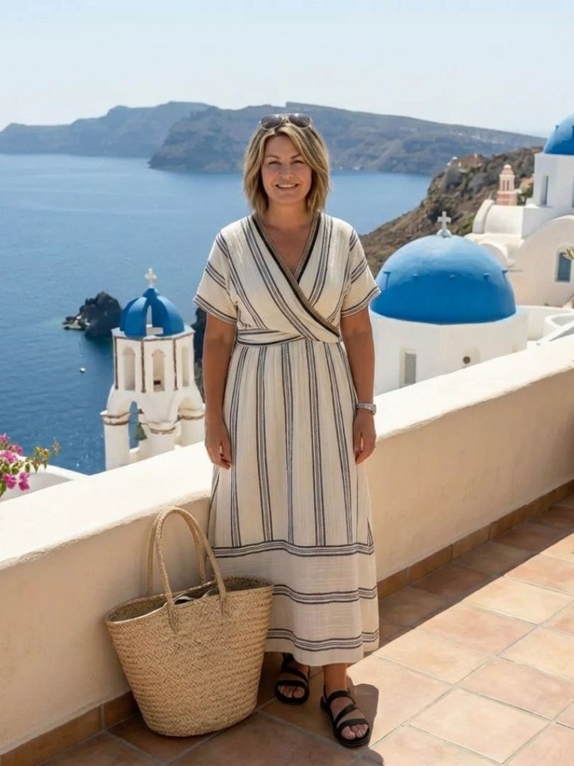 Thalassa | Vestido Midi Envoltório de Manga Curta com Decote em V