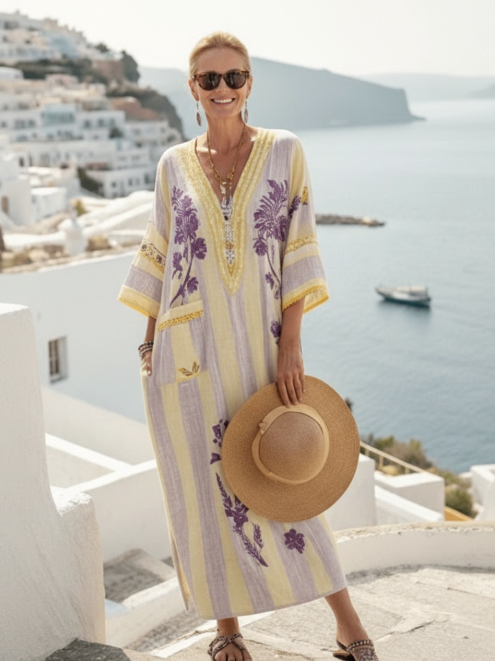 Aurelia | Vestido Maxi Floral às Riscas com Decote em V e Manga Curta