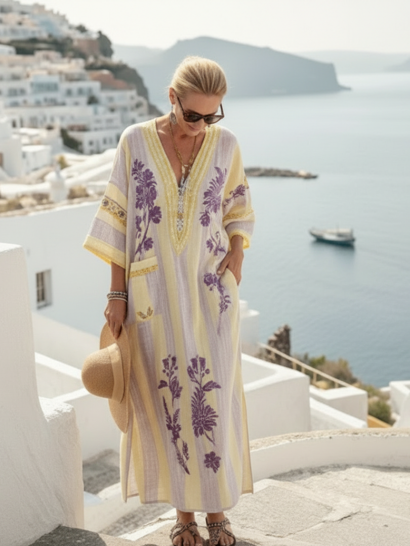 Aurelia | Vestido Maxi Floral às Riscas com Decote em V e Manga Curta
