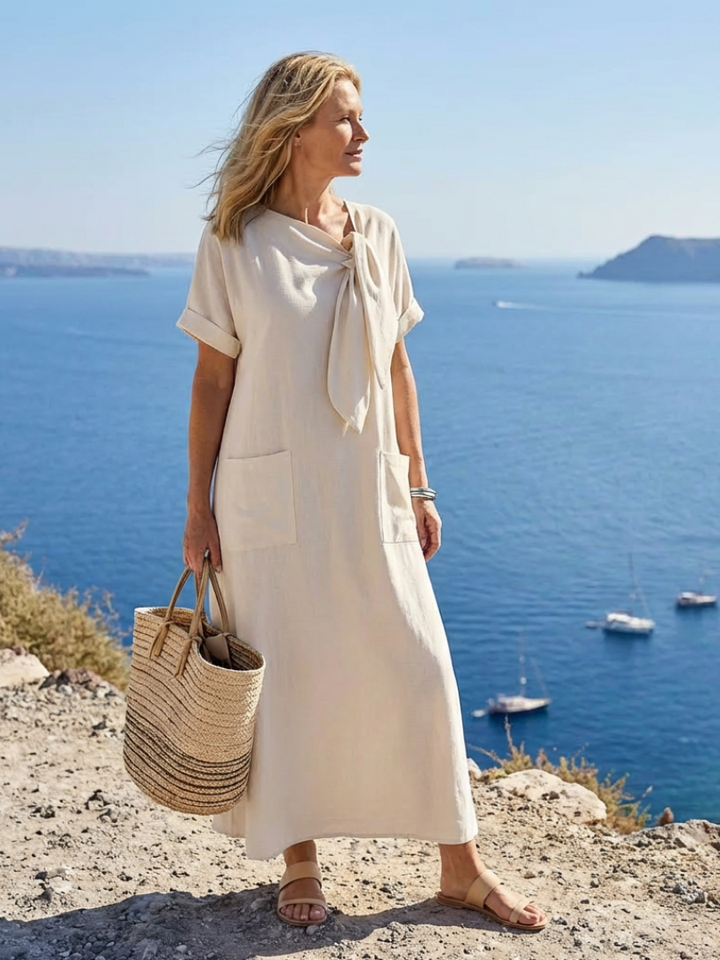 Elowyn | Vestido Maxi de Decote Redondo e Manga Curta com Bolso