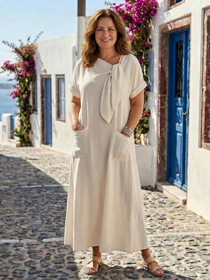 Elowyn | Vestido Maxi de Decote Redondo e Manga Curta com Bolso