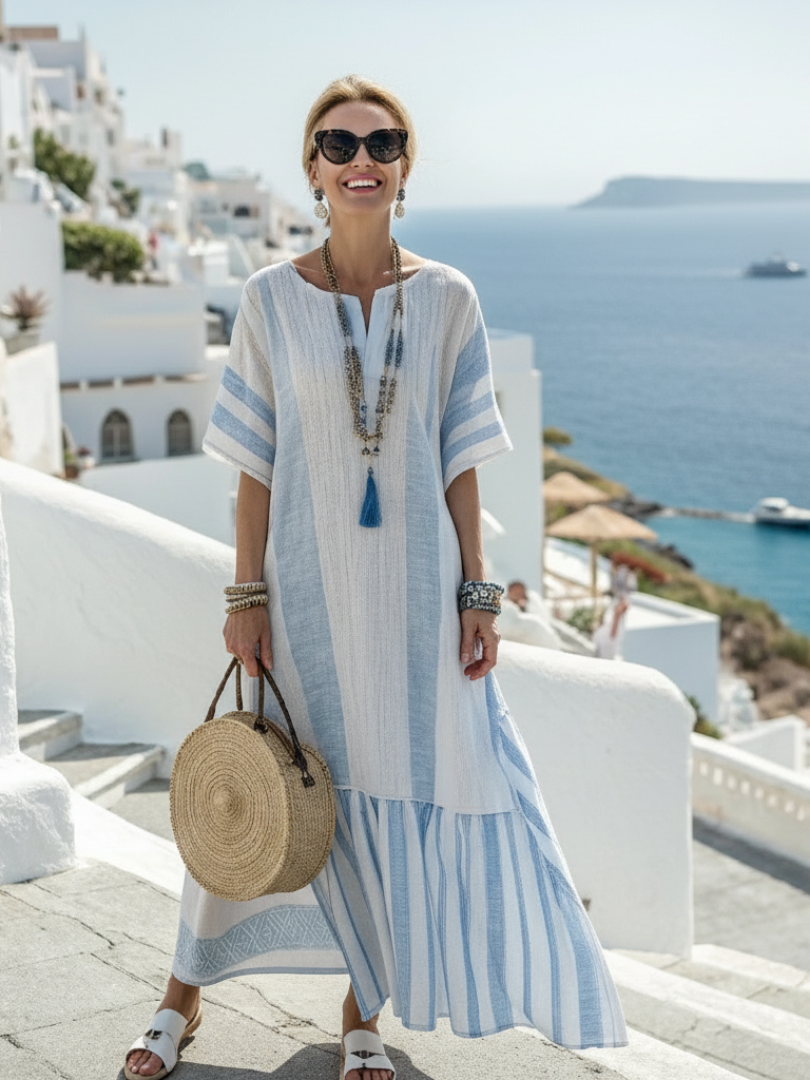 Ione | Vestido Maxi às Riscas de Decote Redondo e Manga Curta