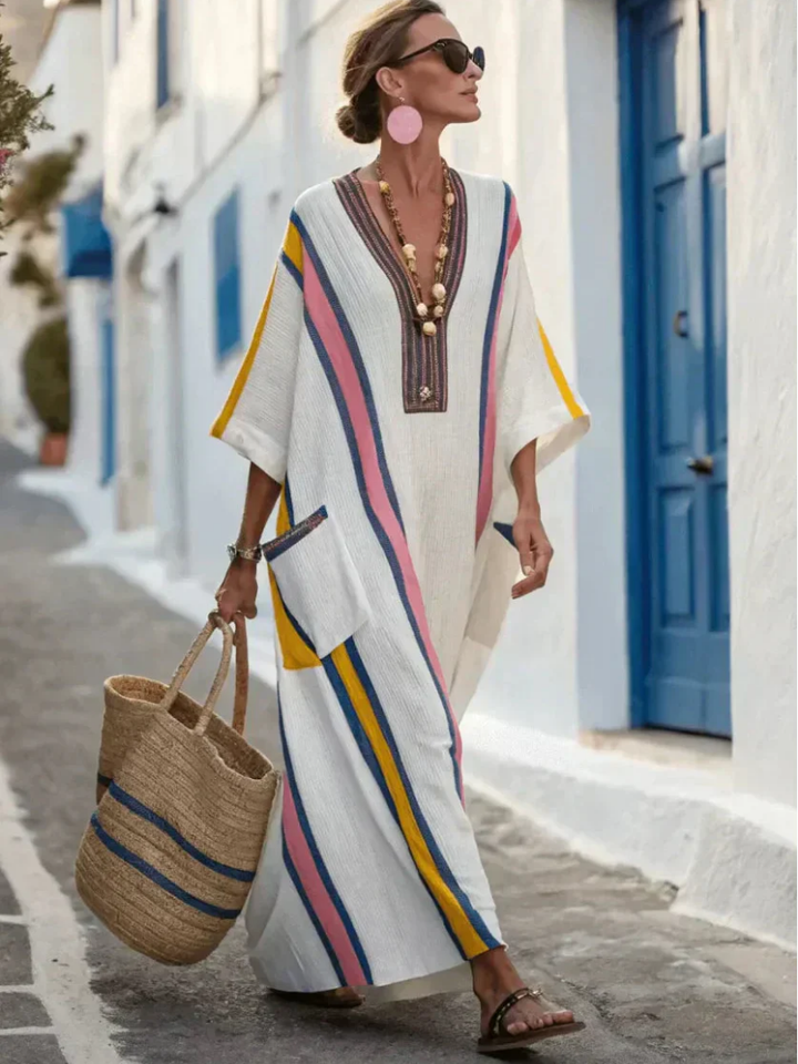 Noemi | Vestido Maxi de Manga Curta com Decote em V e Bolsos