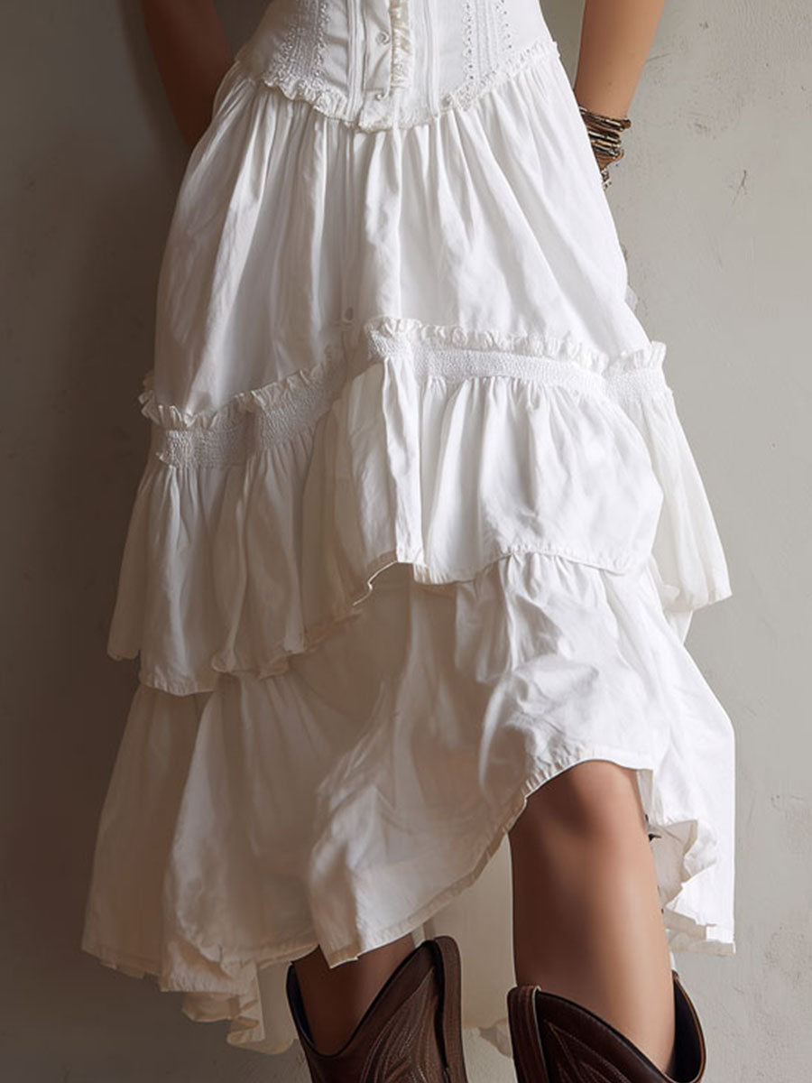 Vestido Midi Camisolado Retro Boho com Renda