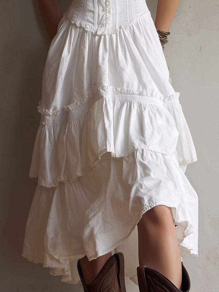 Vestido Midi Camisolado Retro Boho com Renda