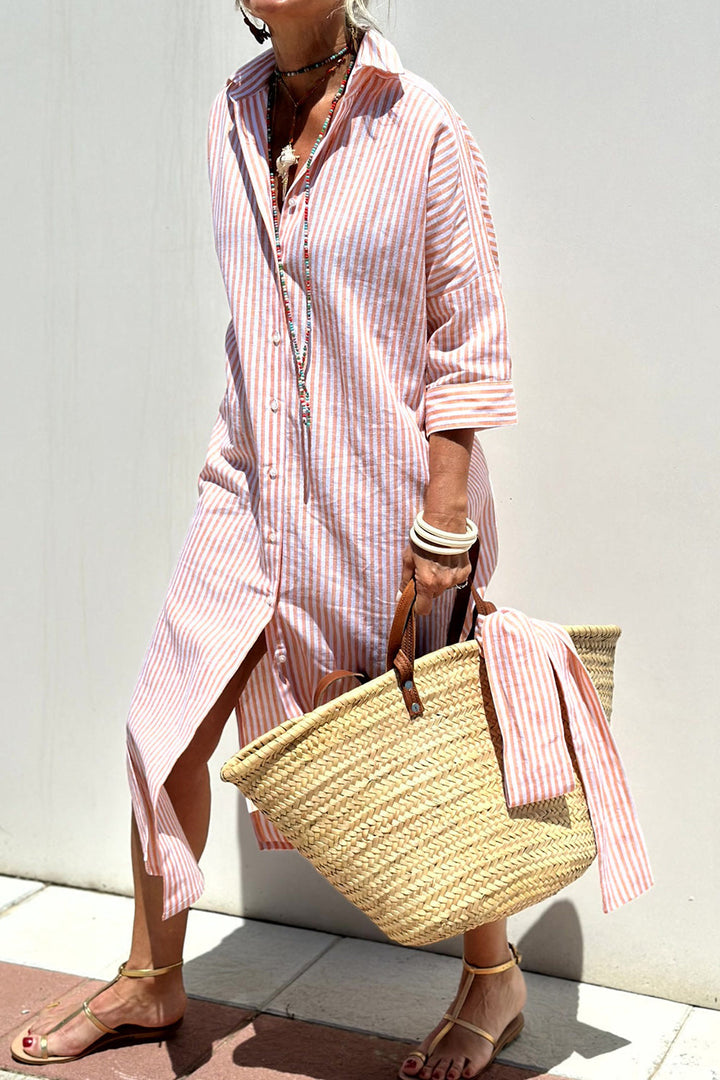 Sophia | Vestido Camisa Listrado Atemporal com Conforto Elegante