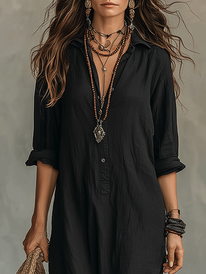 Vestido Maxi Camisa Boémio com Botões Pretos