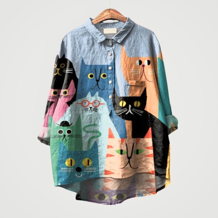 Liliana™ | Blusa de Linho Atemporal com Gatos Coloridos para Conforto