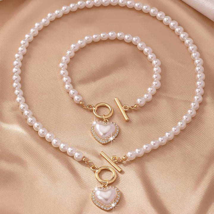 Conjunto de pulseira e colar com pendente em forma de coração em pérolas de 2 peças
