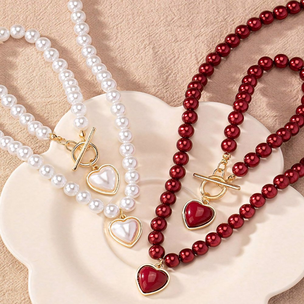 Conjunto de pulseira e colar com pendente em forma de coração em pérolas de 2 peças