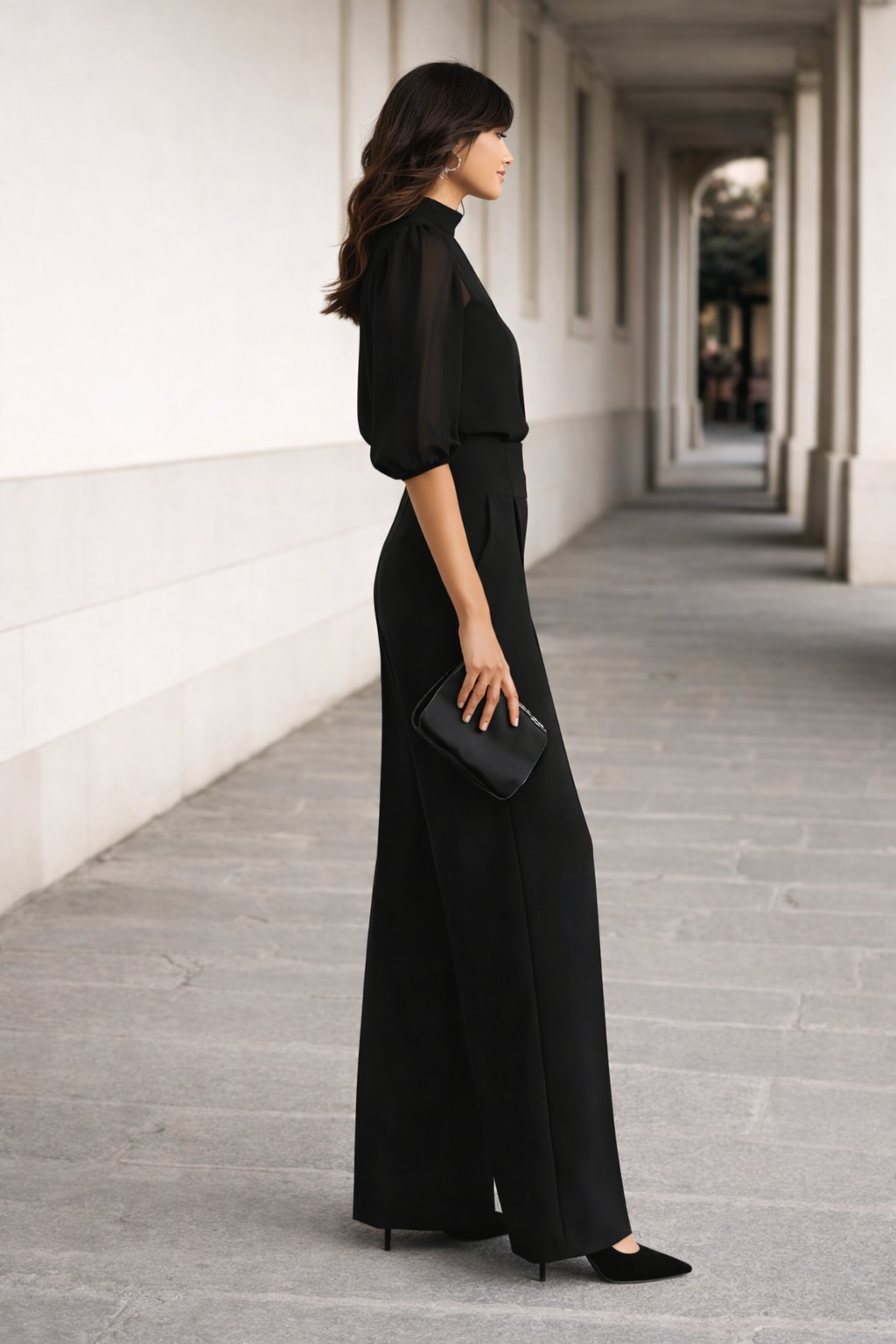 Valentina | Conjunto de Três Peças Composto por uma Camisola Transparente e Calças de Perna Larga.
