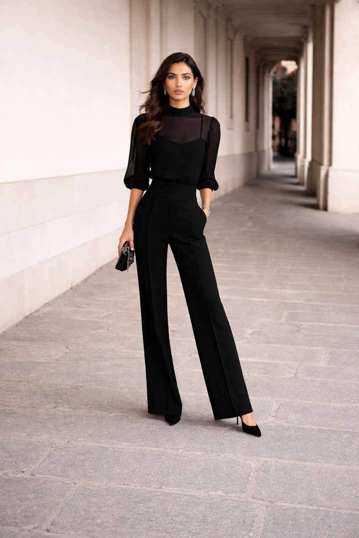 Valentina | Conjunto de Três Peças Composto por uma Camisola Transparente e Calças de Perna Larga.
