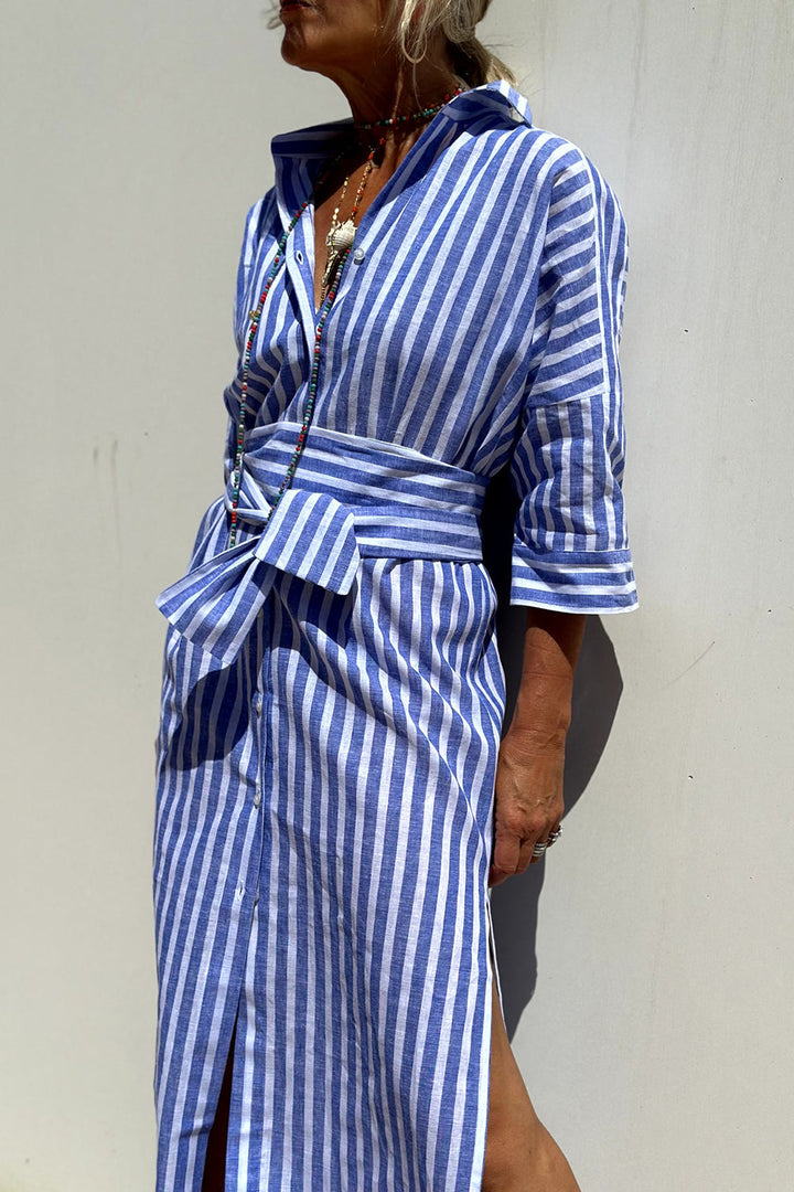 Sophia | Vestido Camisa Listrado Atemporal com Conforto Elegante