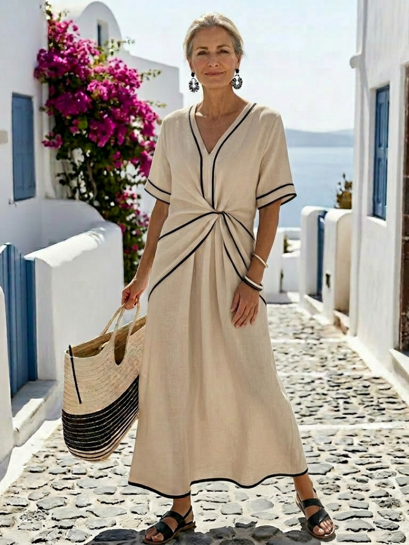 Linnea | Vestido midi de manga curta com decote em V e cintura franzida