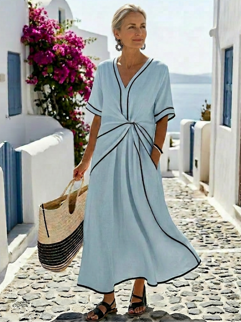Linnea | Vestido midi de manga curta com decote em V e cintura franzida