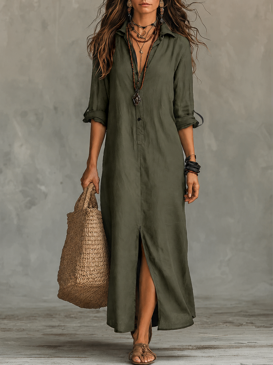 Vestido Maxi Camisa Boémio com Botões Pretos