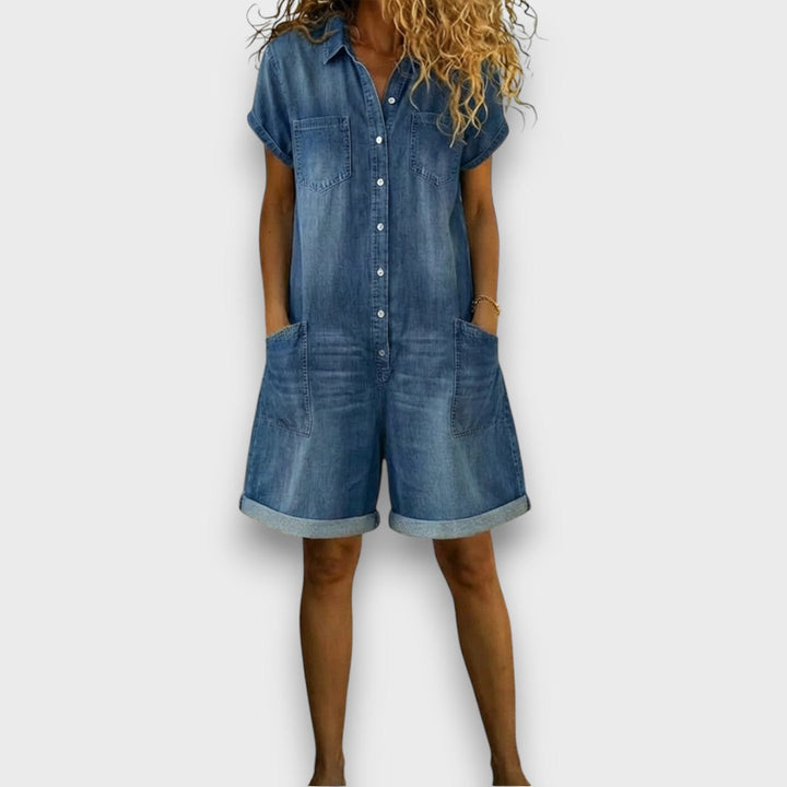 Joan | Macacão curto vintage em algodão com efeito denim