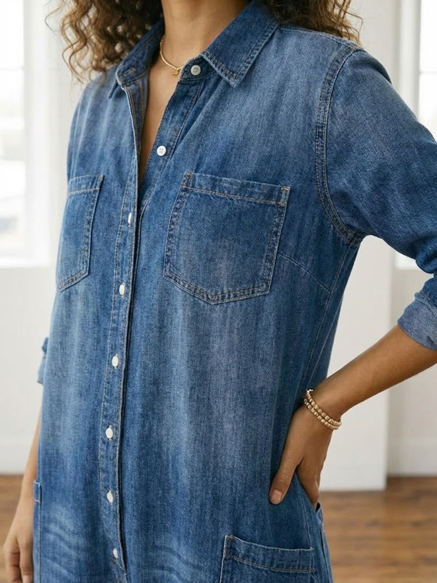 Diana | Macacão de Denim de Algodão Lavado Vintage com Fecho de Botão