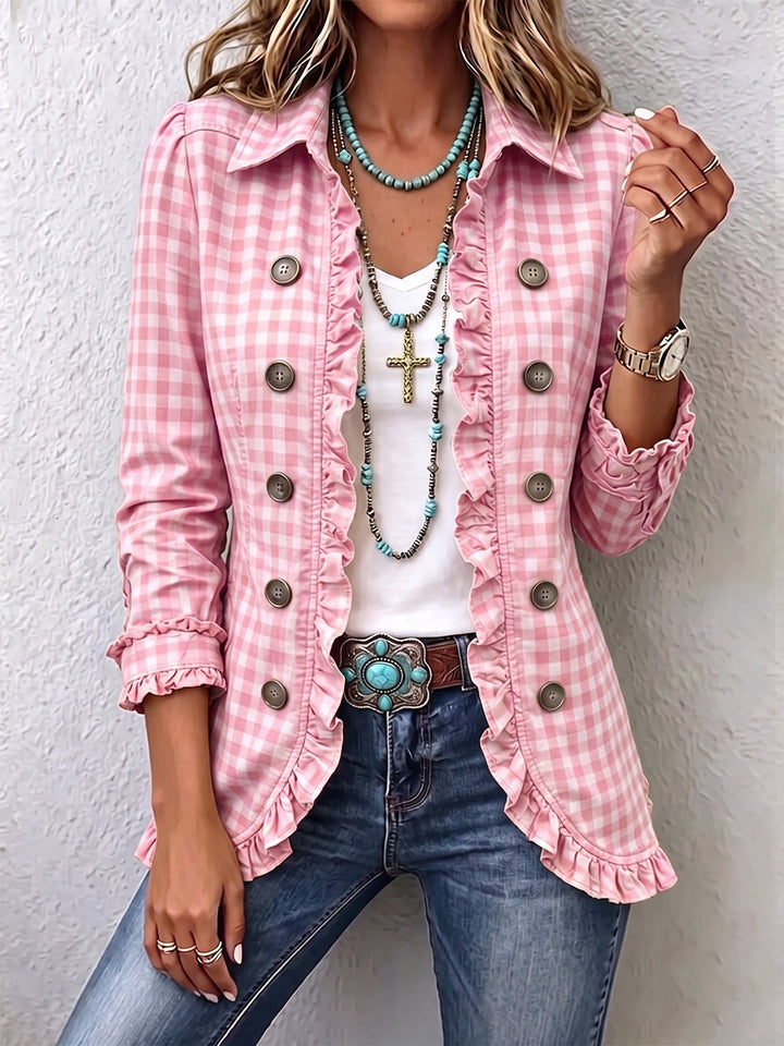 Charlene™ | Casaco de Botões com Ruches em Gingham