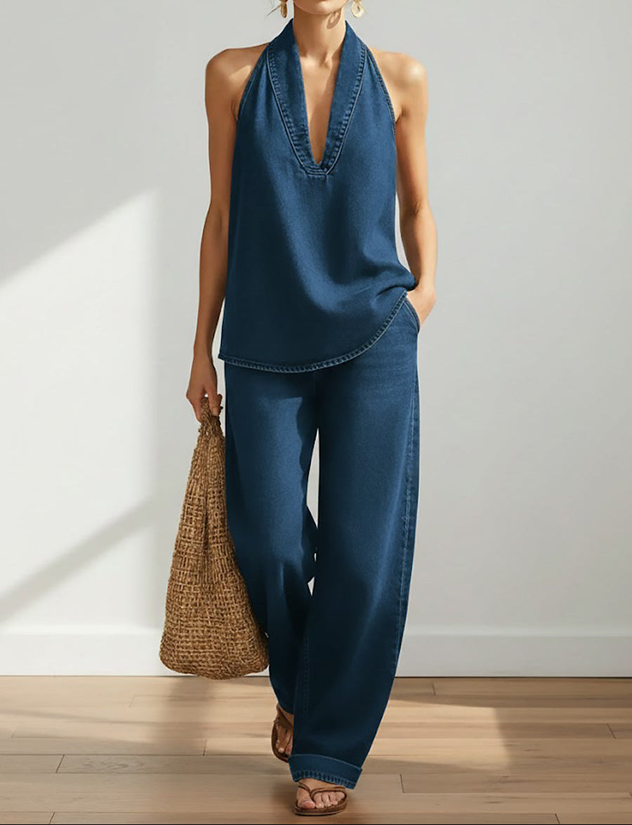 Ivy | Conjunto em Denim Lavado Vintage de Dois Peças