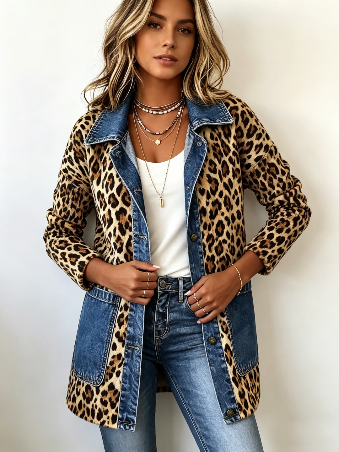 Fablenne™ | Casaco Longo de Painel em Denim com Estampa de Leopardo