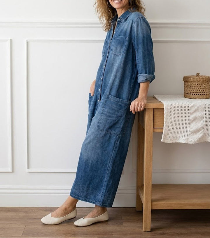 Diana | Macacão de Denim de Algodão Lavado Vintage com Fecho de Botão