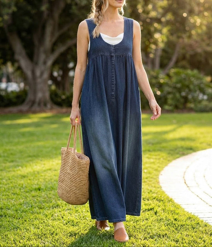 Karen | Vestido Maxí de Denim com Toque Suave e Lavagem Vintage