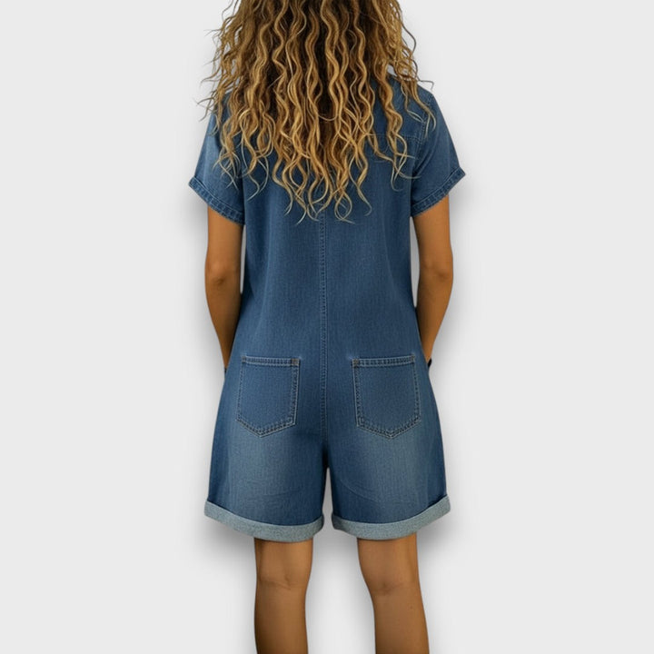 Joan | Macacão curto vintage em algodão com efeito denim