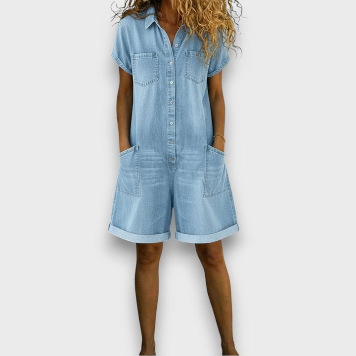 Joan | Macacão curto vintage em algodão com efeito denim