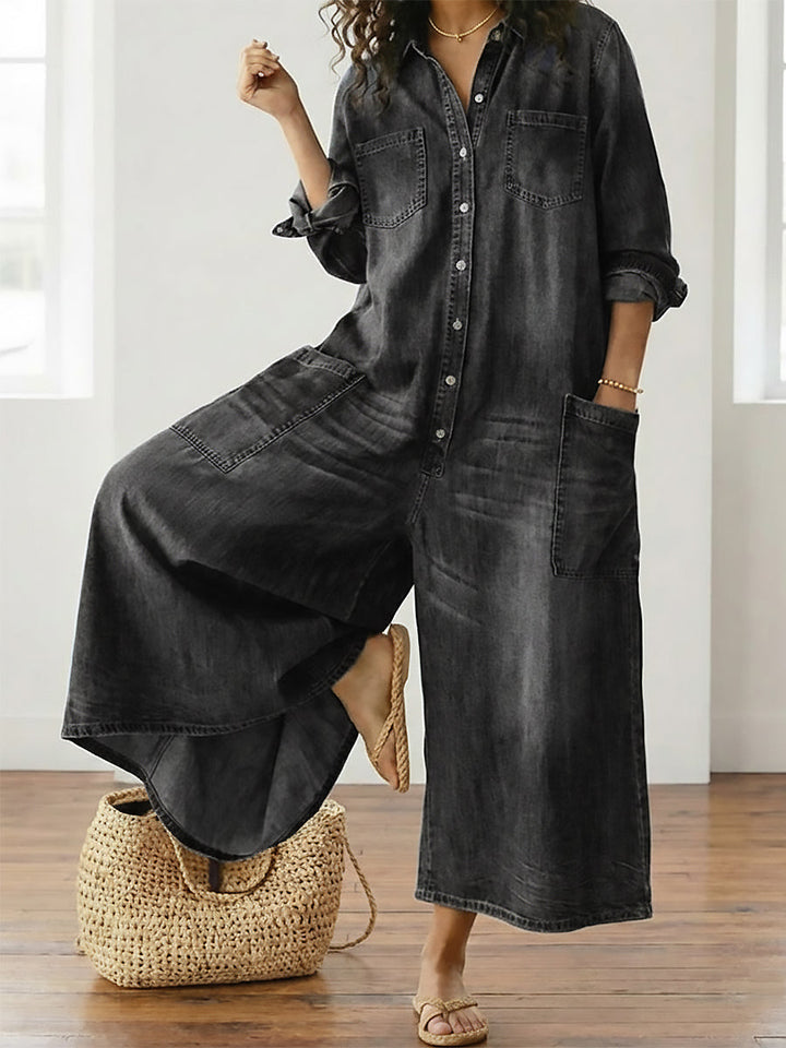 Diana | Macacão de Denim de Algodão Lavado Vintage com Fecho de Botão