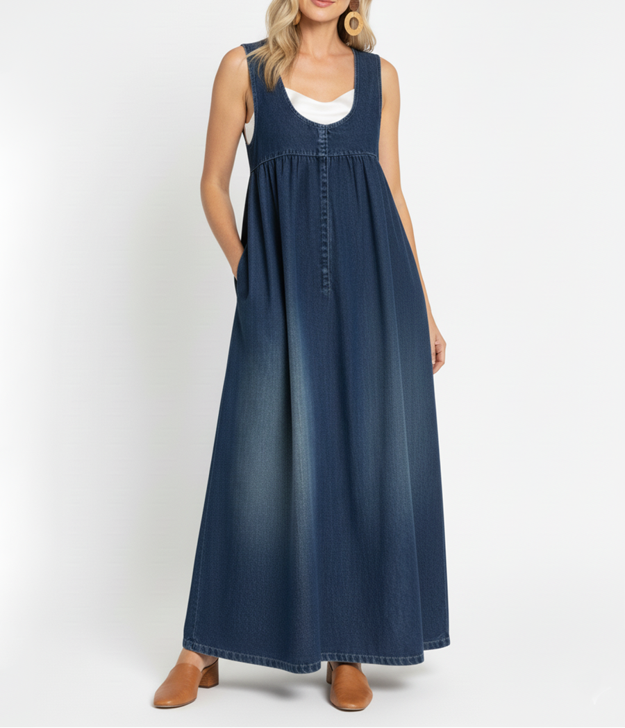 Karen | Vestido Maxí de Denim com Toque Suave e Lavagem Vintage