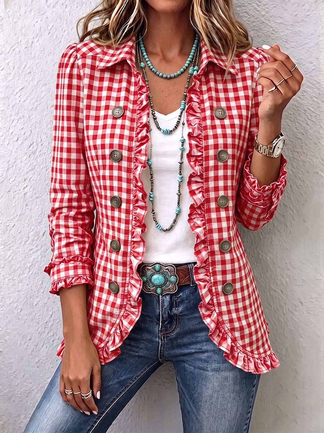 Charlene™ | Casaco de Botões com Ruches em Gingham
