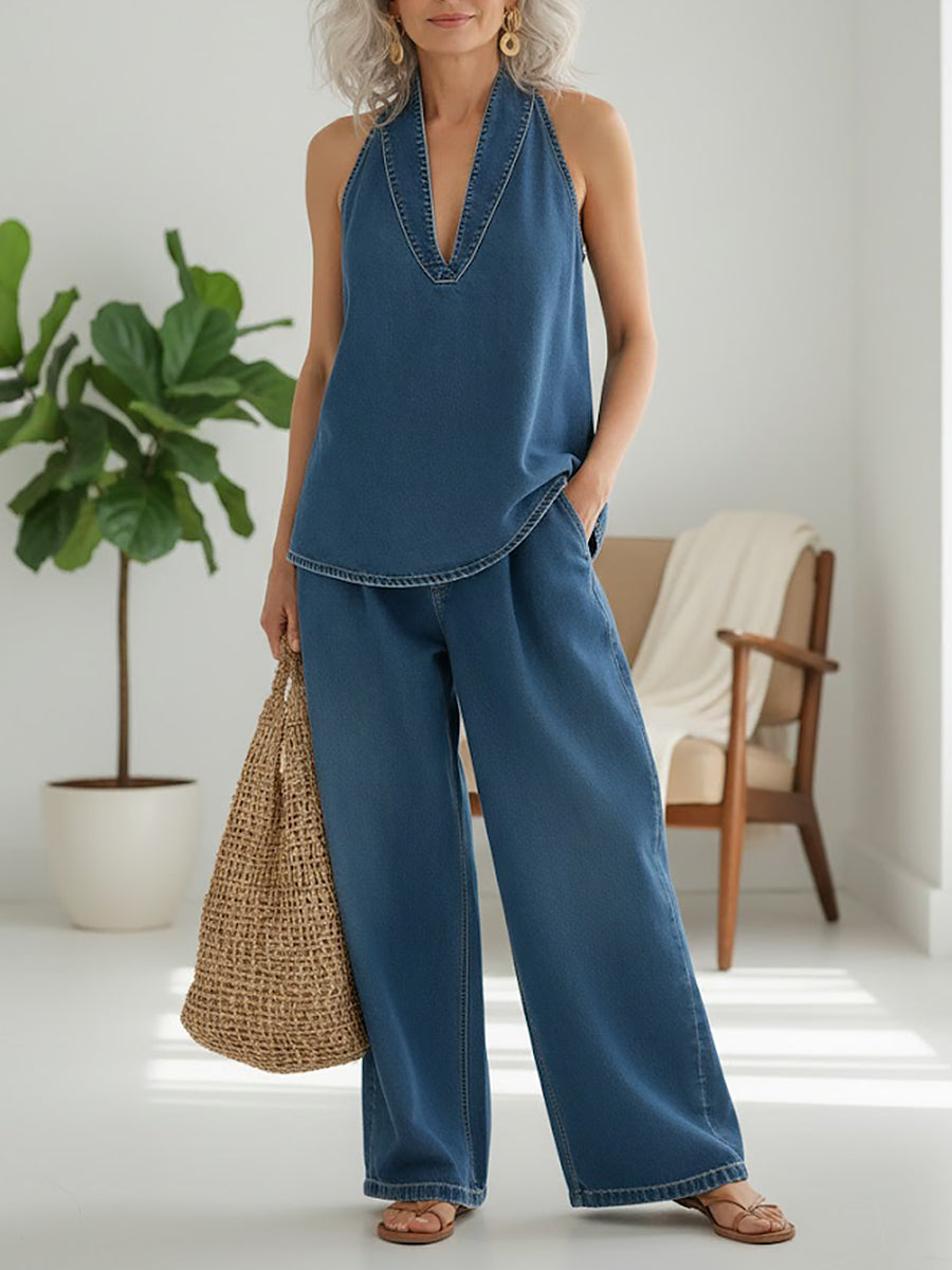 Ivy | Conjunto em Denim Lavado Vintage de Dois Peças