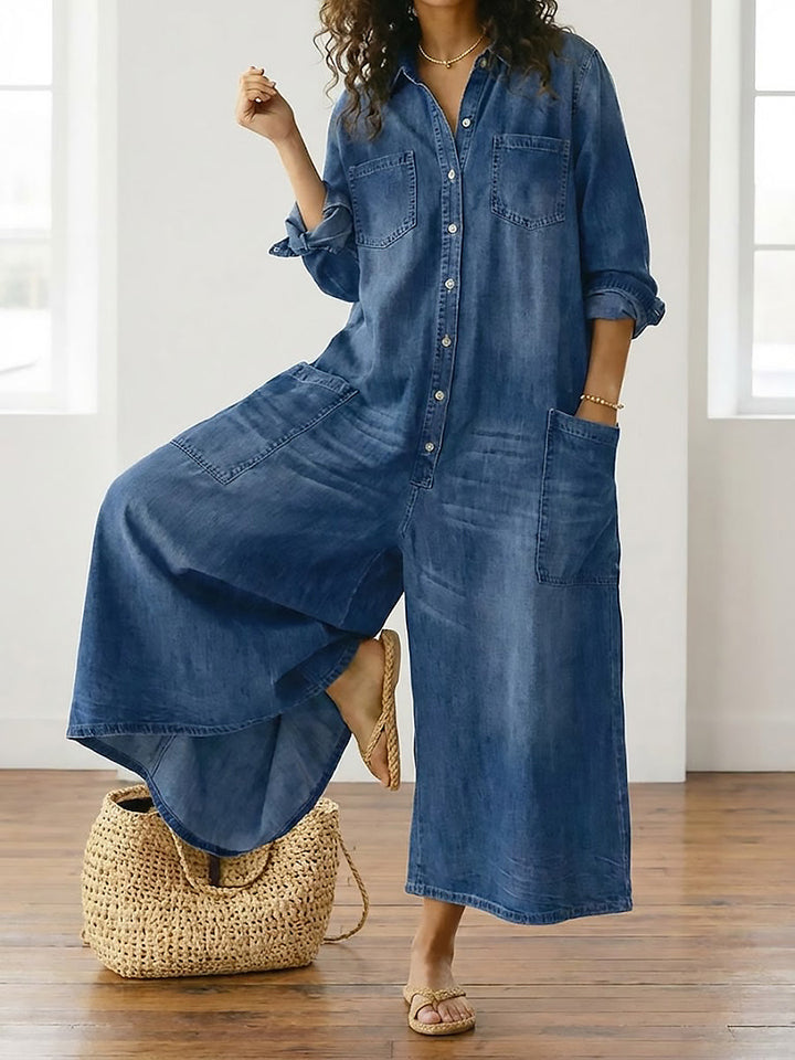 Diana | Macacão de Denim de Algodão Lavado Vintage com Fecho de Botão