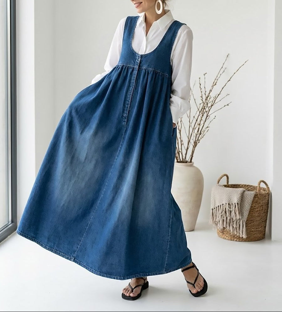 Karen | Vestido Maxí de Denim com Toque Suave e Lavagem Vintage