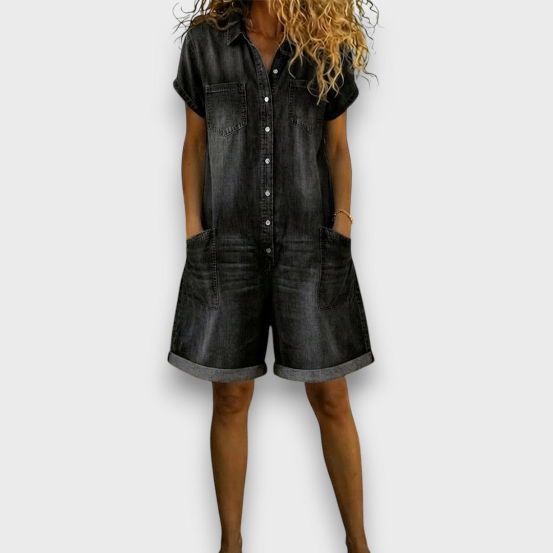 Joan | Macacão curto vintage em algodão com efeito denim
