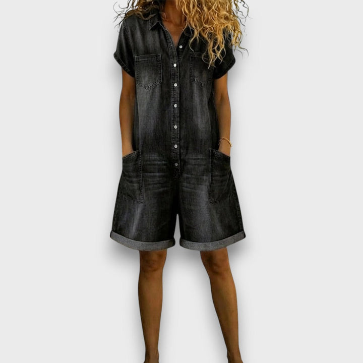 Joan | Macacão curto vintage em algodão com efeito denim