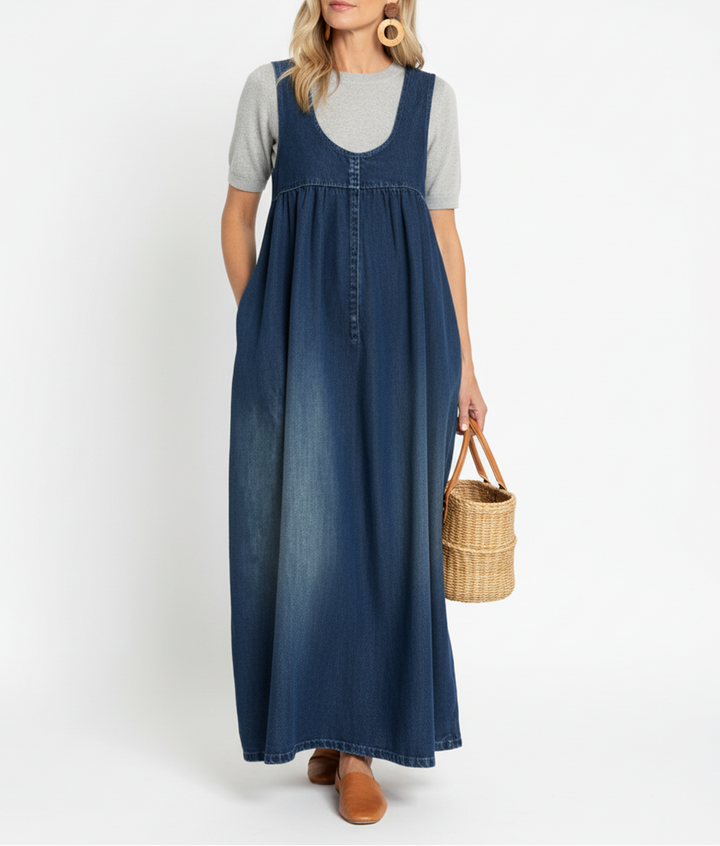 Karen | Vestido Maxí de Denim com Toque Suave e Lavagem Vintage