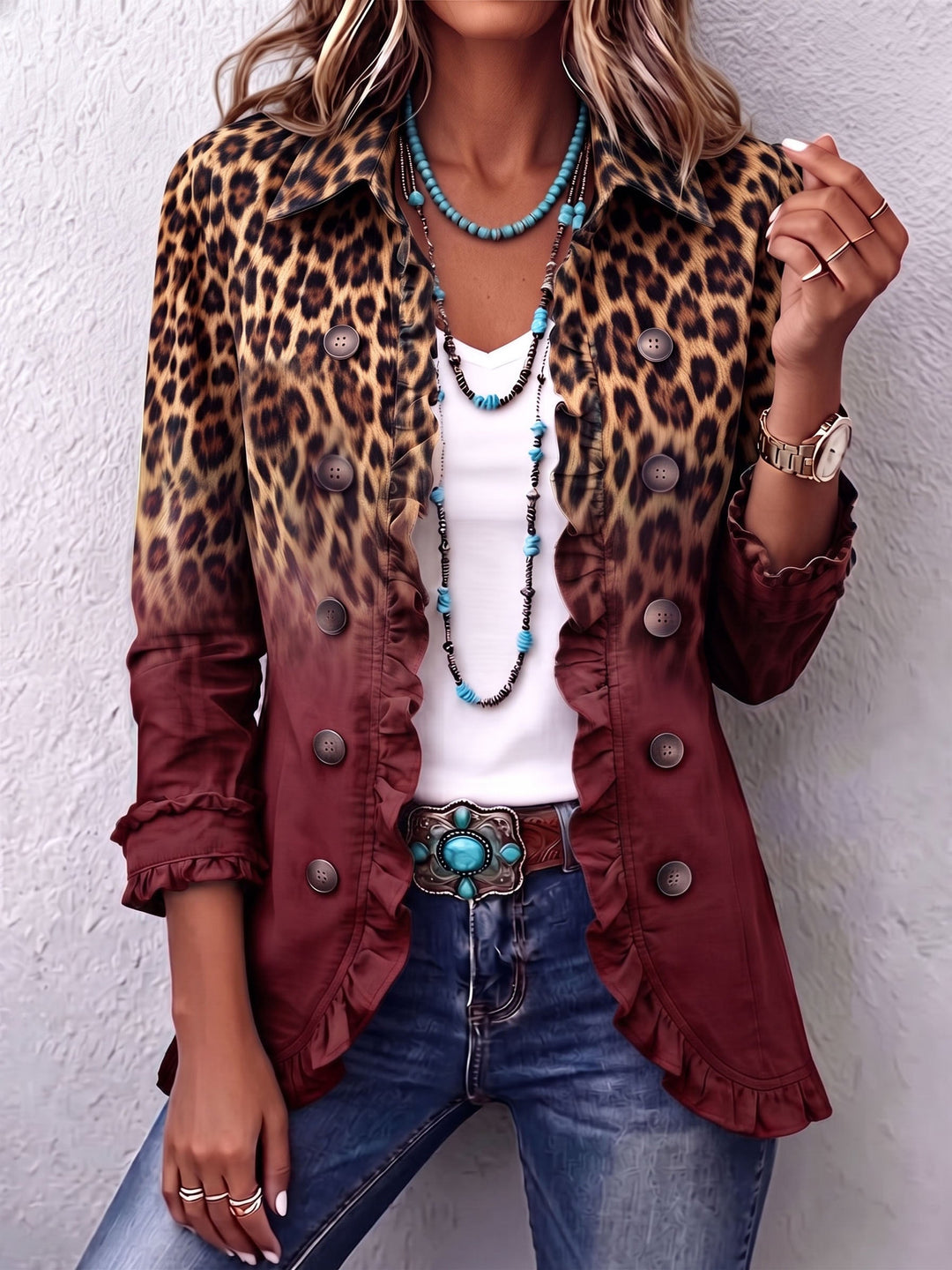 Elspeth™ | Blazer com Renda em Ombre de Leopardo