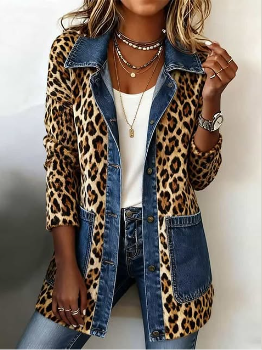 Fablenne™ | Casaco Longo de Painel em Denim com Estampa de Leopardo